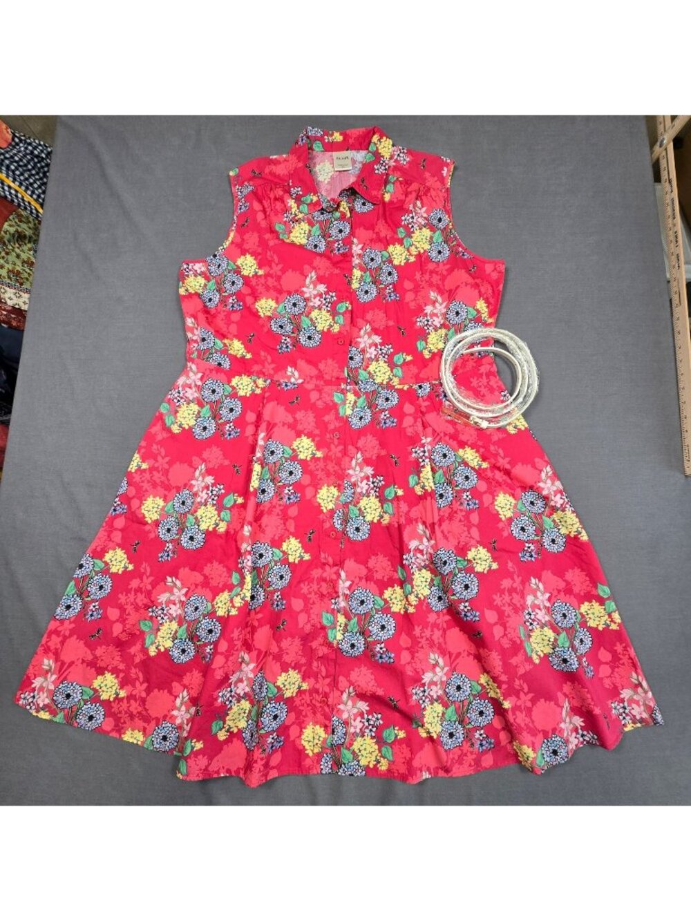 NEW Blaire Womens 20 Dress Sleeveless Floral Pink & Yellow Button-Up Cotton